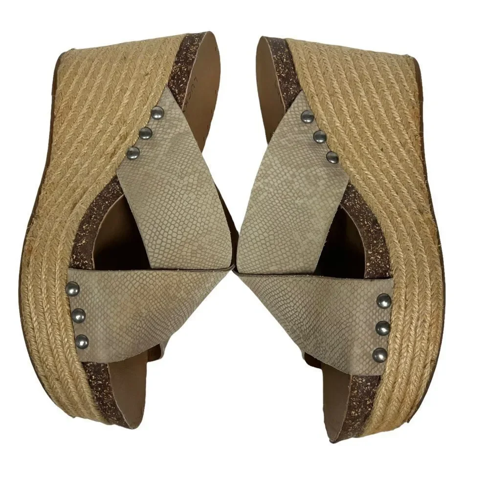 Lucky Brand Wedge Neeka Sandals Snake Skin Print Tan Cream Leather Upper 9M